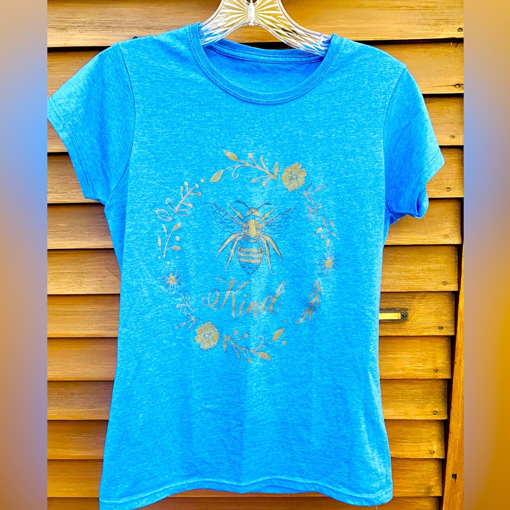 Bella Canvas Blue short sleeve t-shirt gold honey bee kind floral pattern shirt